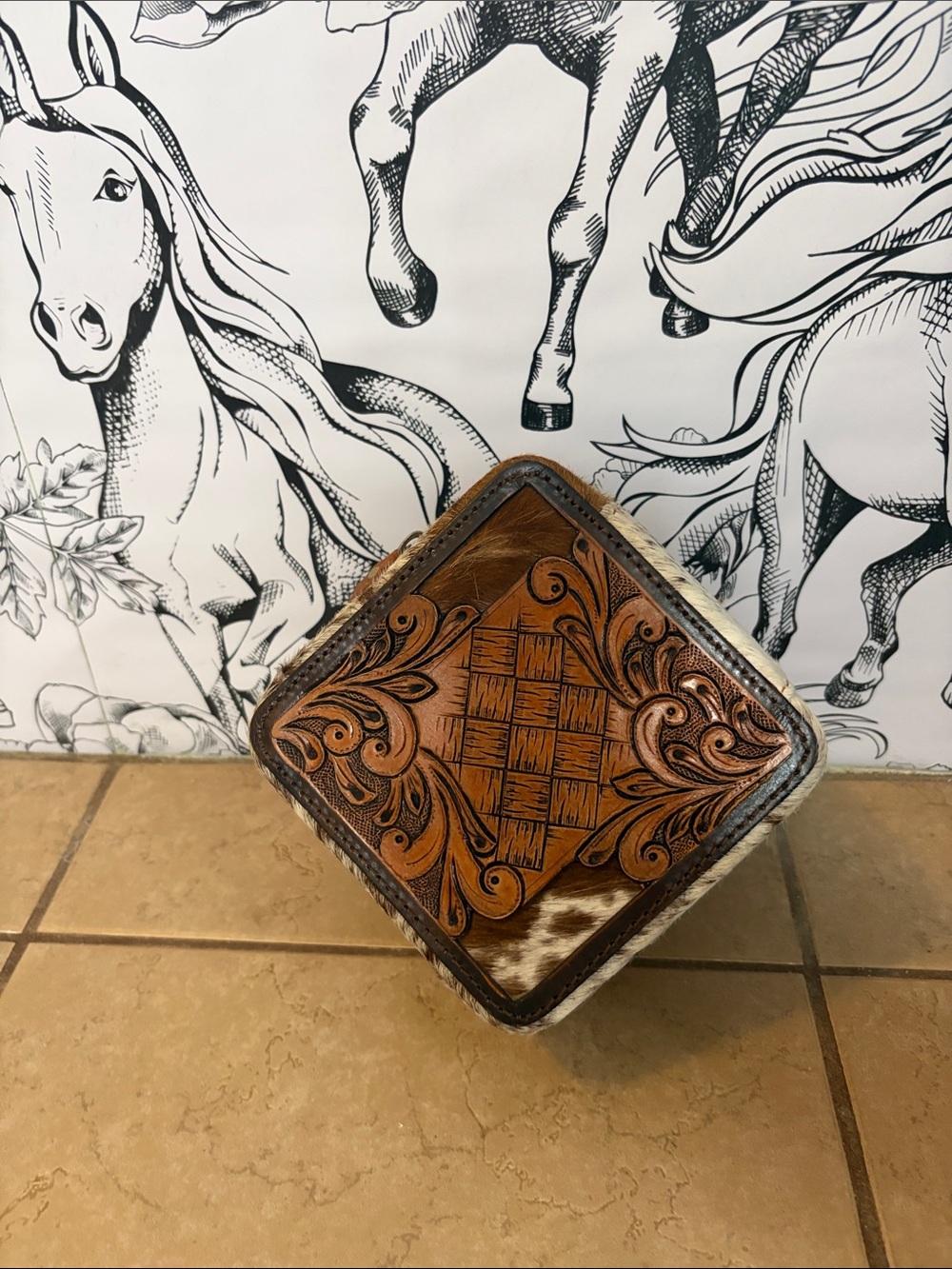 Hand-Tooled Leather Accent Pouf in Brown Cowhide